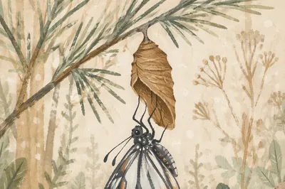 New Butterfly Emerging Beneath Evergreen Cocoon