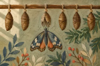 Butterfly Emerging Beneath Evergreen Cocoon Garland
