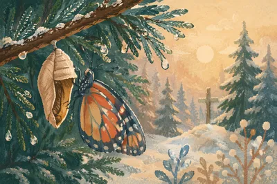 Emerging Butterfly Beside Evergreen Cocoon