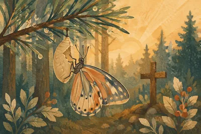 Butterfly Emerging on Evergreen at Dawn