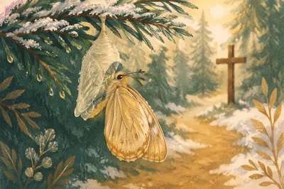 Butterfly Emerging Beneath Snowy Evergreen Branch