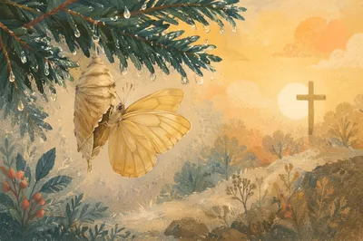Butterfly Emerging Beneath Evergreen Branch