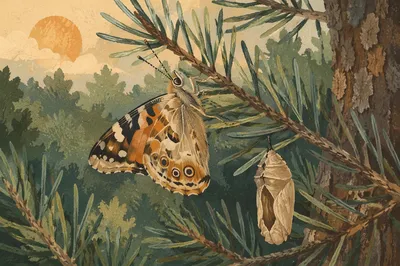 Butterfly Emerging Beside Evergreen Chrysalis