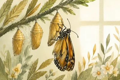 Butterfly Emerging from Evergreen Chrysalis