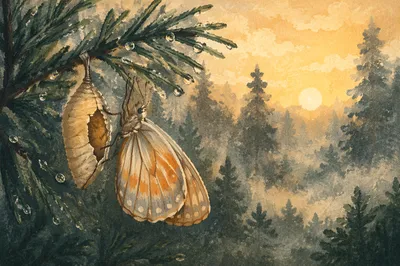 Butterfly Emerging Beside Cocoon on Evergreen Branch