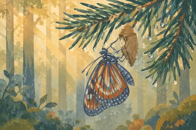 Butterfly Emerging on Evergreen Branch