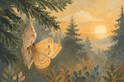 Butterfly Emerging From Cocoon on Evergreen Branch