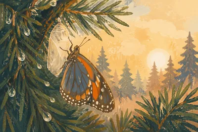 Butterfly Emerging from Cocoon Among Evergreens