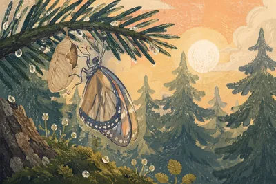 New Butterfly Beside Evergreen Cocoon