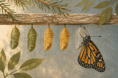 Butterfly Emerging Among Evergreen Chrysalises