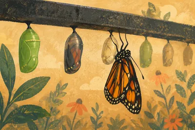 Butterfly Emerging From Chrysalis in Evergreen Light