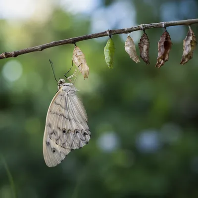 Butterfly Emerging from Cocoon in Evergreen Garden