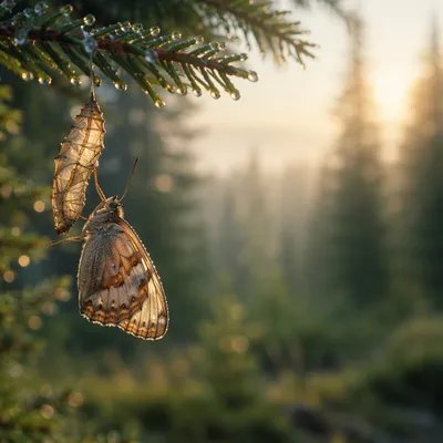 Newly Emerged Butterfly on Evergreen Branch