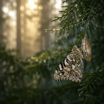 New Butterfly Beside Evergreen Chrysalis at Dawn