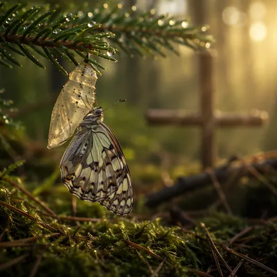 Butterfly Emerging Beneath Evergreen Branch