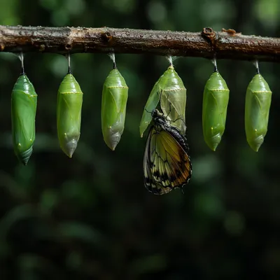 Butterfly Emerging from Evergreen Chrysalis