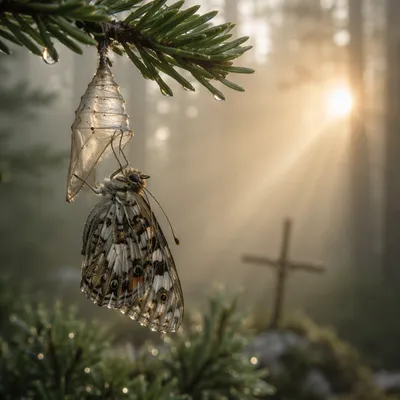 Butterfly Emerging from Cocoon on Evergreen Branch