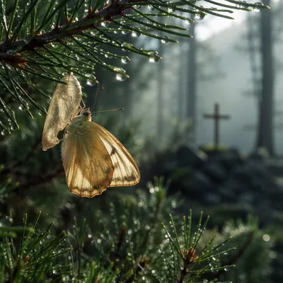 Golden Butterfly Emerging Beneath Evergreen Branch