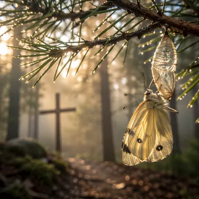 Butterfly Emerging Beneath Evergreen Dawn