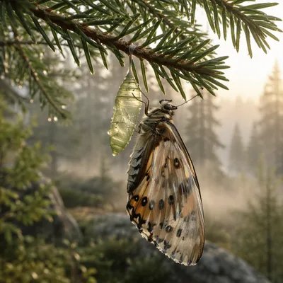 Newly Emerged Butterfly on Evergreen Branch
