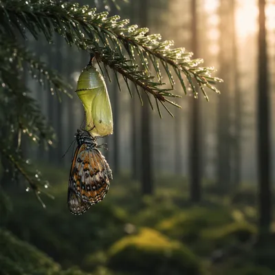 Butterfly Emerging from Evergreen Chrysalis