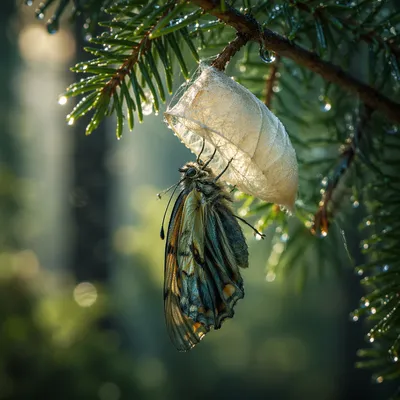 Butterfly Emerging From Cocoon on Evergreen Branch