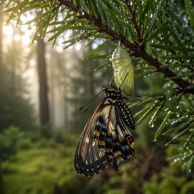 Butterfly Emerging on Evergreen Branch at Dawn