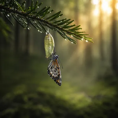 Butterfly Emerging Beneath Evergreen Pine Twig