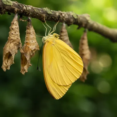 Yellow Butterfly Emerging in Evergreen Garden