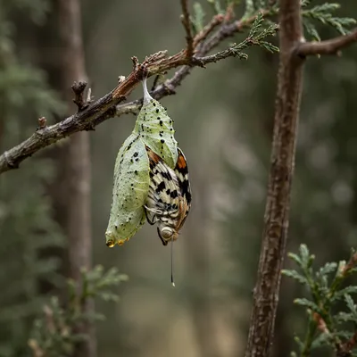Butterfly Emerging from Evergreen Chrysalis
