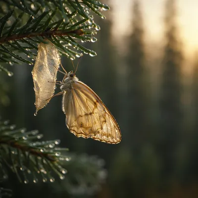 Golden Butterfly Emerging on Evergreen Branch