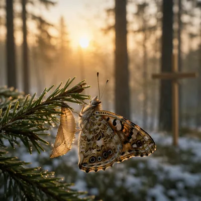 Butterfly Emerging Beside Evergreen Cross at Dawn