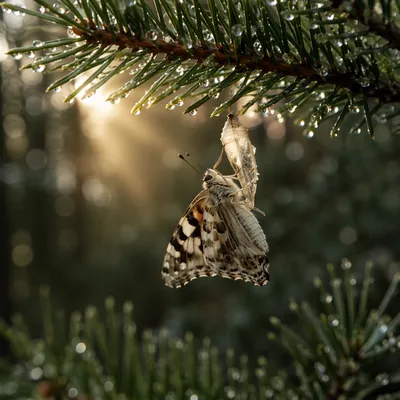 Butterfly Emerging Beneath Evergreen Dawn Light
