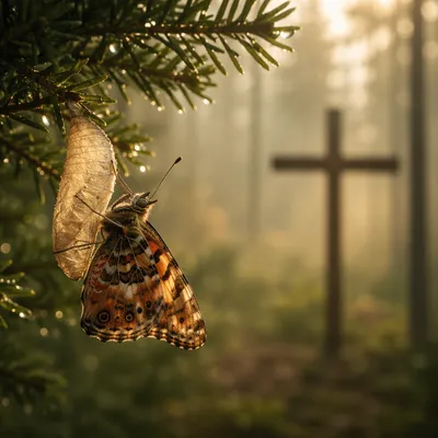 Butterfly Emerging Beneath Evergreen Branch