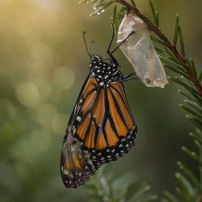 Butterfly Emerging from Chrysalis on Evergreen Twig