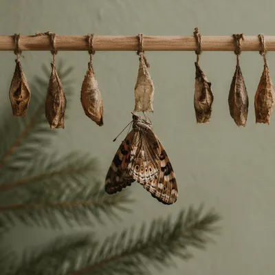 Newly Emerged Butterfly Beneath Split Cocoon