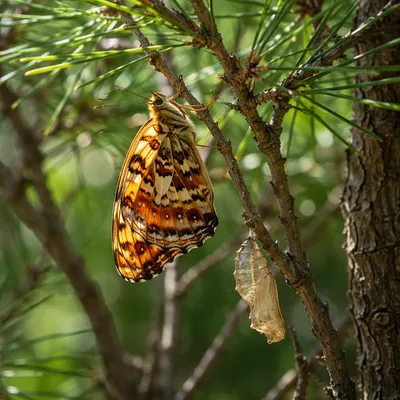 Newly Emerged Butterfly on Evergreen Twig