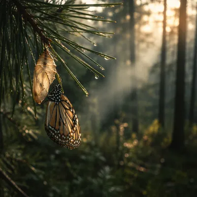 Newly Emerged Butterfly on Evergreen Branch
