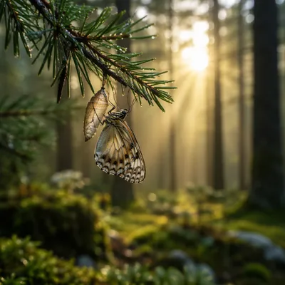 Butterfly Emerging from Evergreen Chrysalis