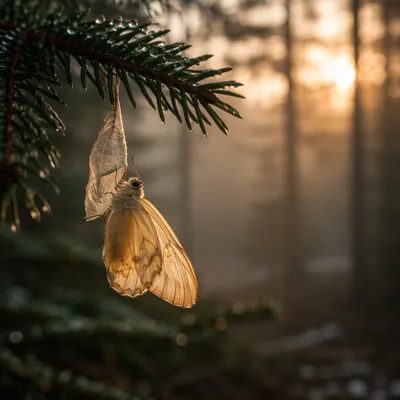 Golden Butterfly Emerging Beneath Evergreen Branch