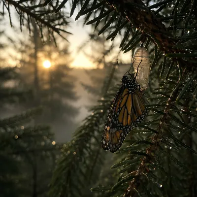 Butterfly Emerging From Cocoon in Evergreen Dawn