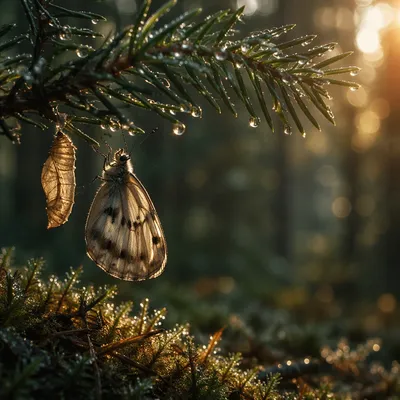 New Butterfly Emerging on Evergreen Branch