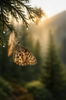 Butterfly Renewal on Dewy Evergreen Branch
