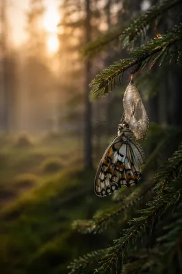 Butterfly Emerging Beside Evergreen Chrysalis