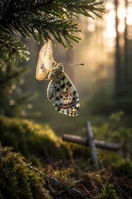Butterfly Emerging Beneath Evergreen Branch