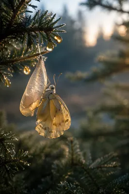 Golden Butterfly Emerging Beneath Evergreen Branch