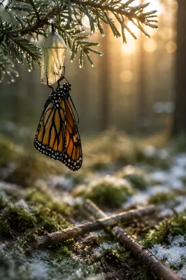 Butterfly Emerging Beneath Evergreen Branch