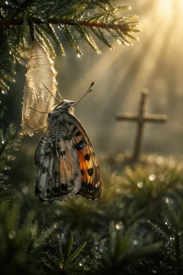 Butterfly Emerging Beside Evergreen Cross