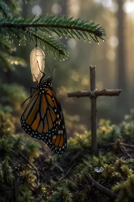 Butterfly Emerging Beneath Evergreen Branch