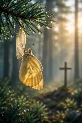 Golden Butterfly Emerging Beneath Evergreen Branch